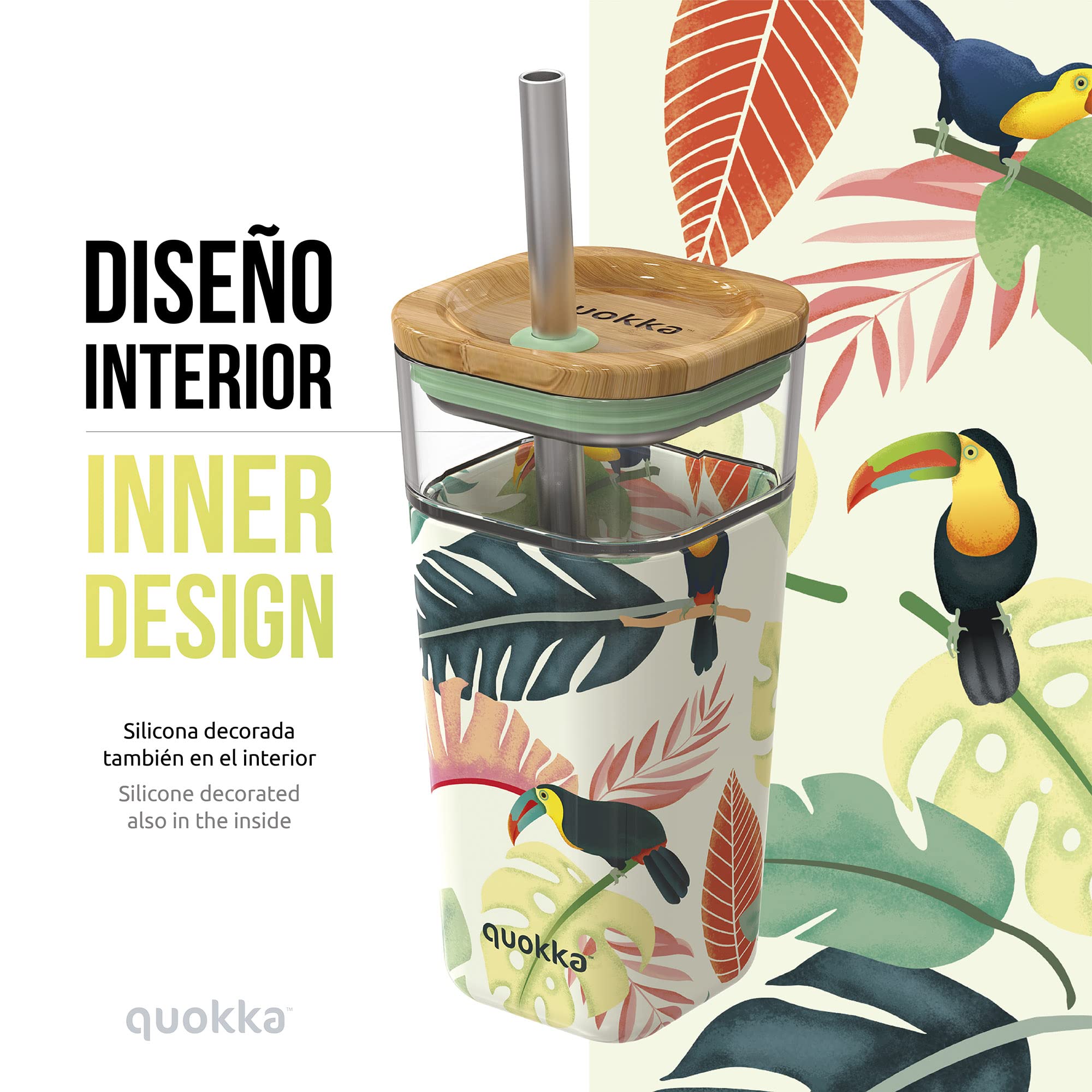 Quokka Liquid Cube tasse verre 540 ml Tucans paille